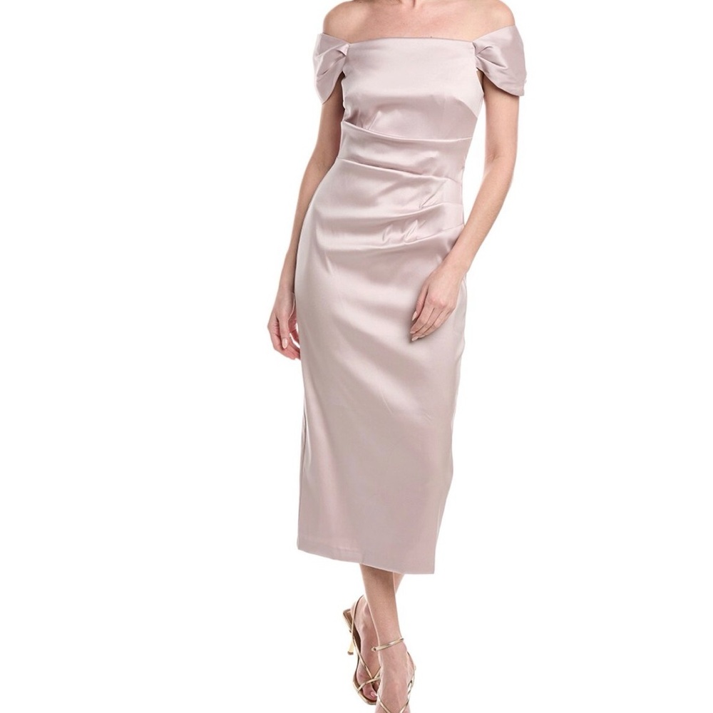 Off-Shoulder Satin Midi Dress in Blush